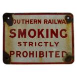 A VINTAGE SOUTHERN RAILWAYS 'SMOKING STRICTLY PROHIBITED' ENAMELLED NOTICE, 30.5 x 42 cm