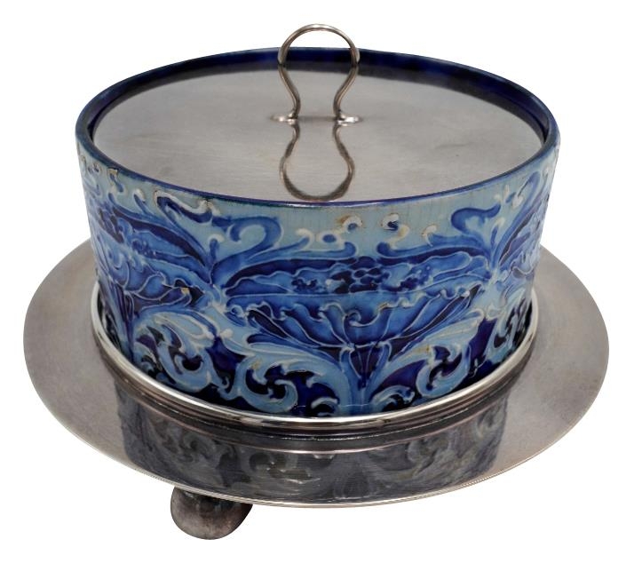 MACINTYRE FLORIAN WARE & SILVER PLATED BUTTERDISH EARLY 20TH CENTURY  printed brown and impressed