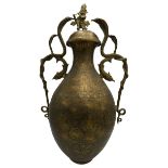 LARGE INDIAN BRASS COVERED VASE 19TH CENTURY with twin serpent and snake cast handles, the cover