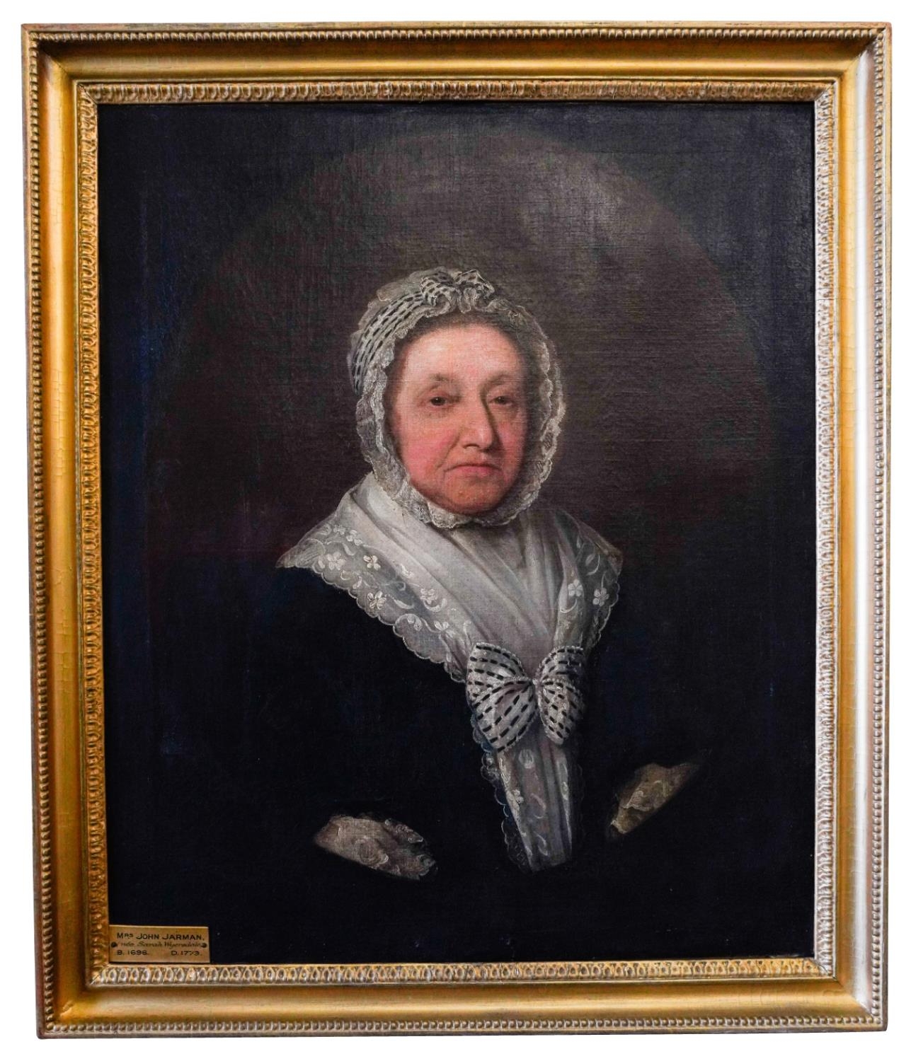 ENGLISH SCHOOL (XVIII-XIX) PORTRAIT OF AN OLD WOMAN oil on canvas, titled 'Mrs. John Jarman (Nee