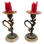 PAIR OF FRENCH CHAMPLEVE ENAMEL CANDLESTICKS CIRCA 1900 in the Japonesque taste  15cm high