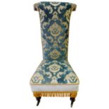 VICTORIAN SIMULATED-ROSEWOOD PRIE-DIEU CHAIR 19TH CENTURY covered in a bold blue and taupe