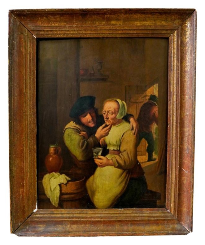 MANNER OF DAVID TENIERS (18TH / 19TH CENTURY) INTERIOR TAVERN SCENE oil on board, framed 42cm x 32cm