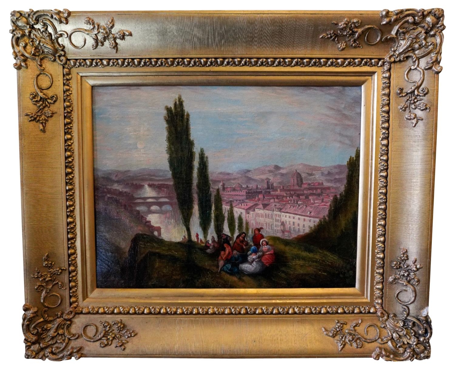 ITALIAN SCHOOL (XIX) FIGURES ON HILL ABOVE ROME  oil on canvas, gilt-frame 42cm x 52cm