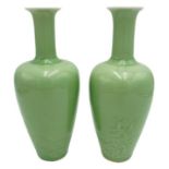 PAIR OF CHINESE CELADON-GLAZE PORCELAIN VASES 20TH CENTURY the baluster sides painted decorated in