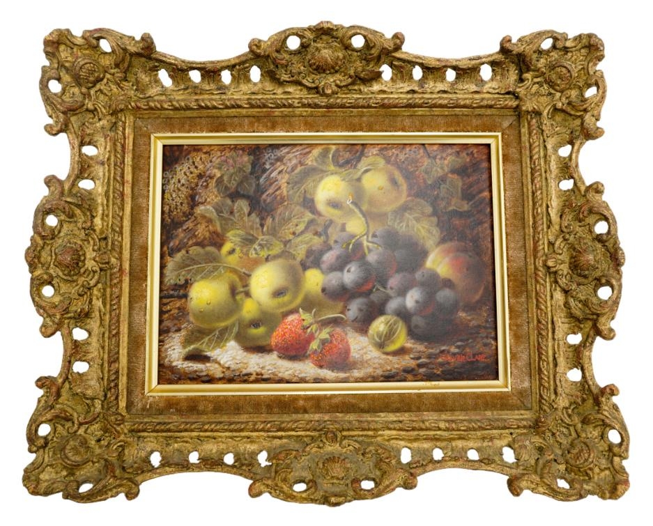 OLIVER CLARE (1853-1927) STILL LIFE FRUIT oil on panel, signed lower right, ornate gilt frame 18cm x