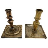 TWO SPANISH BRASS CANDLESTICKS 1ST HALF OF THE 18TH CENTURY one with a knopped stem, the square base