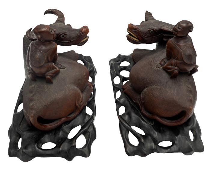 PAIR OF CHINESE CARVED HARDWOOD 'BOY AND BUFFALO' GROUPS QING DYNASTY, 19TH CENTURY the opposing - Image 2 of 5