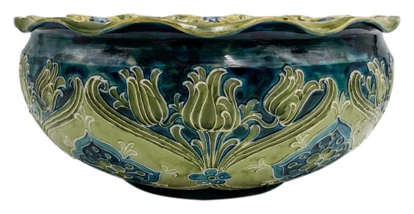 LARGE WILLIAM MOORCROFT FOR MACINTYRE BOWL CIRCA 1925 the sides decorated with stylised lotus, - Image 5 of 7