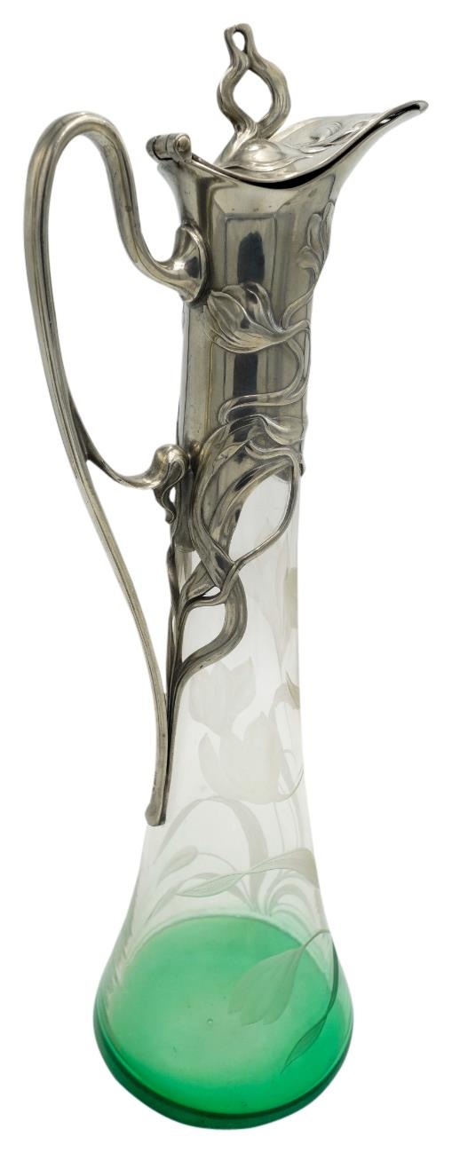 W.M.F ART NOUVEAU CLARET JUG EARLY 20TH CENTURY clear to green glass spreading body etched with - Image 2 of 4