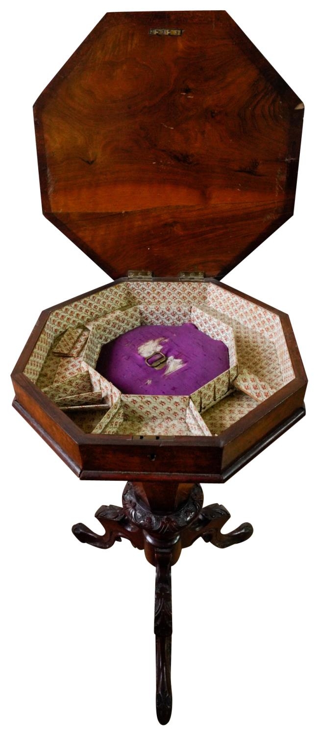 VICTORIAN FIGURED WALNUT TRUMPET SHAPED WORKBOX CIRCA 1880 of typical form, the hinged top opening - Image 3 of 6