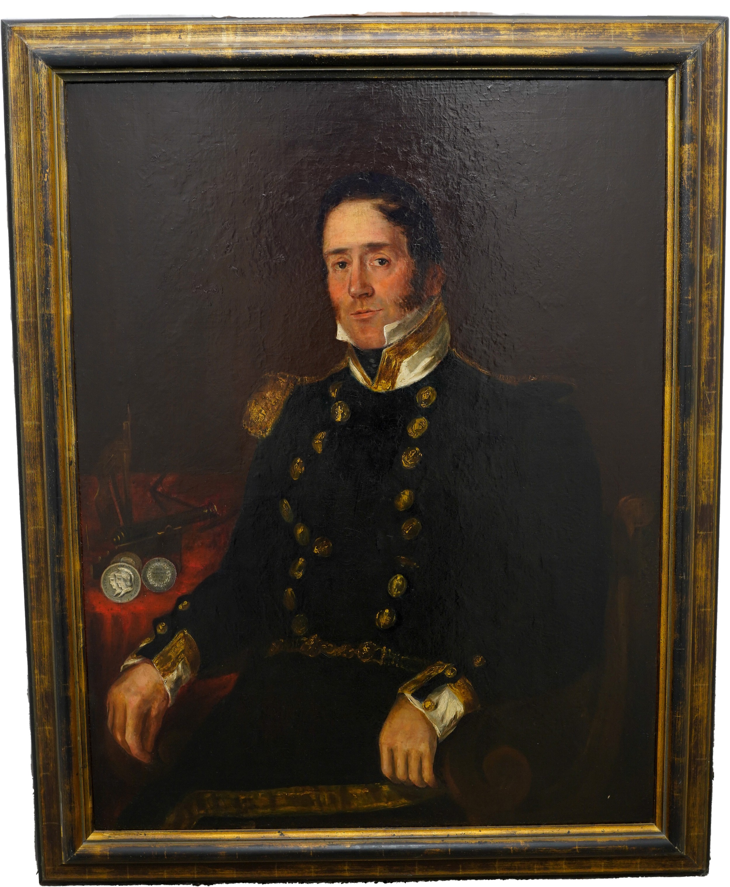 BRITISH SCHOOL (XIX) PORTRAIT OF A NAVAL OFFICER oil on canvas, framed, the officer seated beside