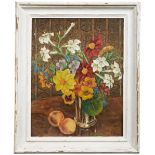 ENGLISH SCHOOL (20TH CENTURY) STILL LIFE FLOWERS AND FRUIT oil on board, signed Edwards lower right,