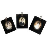 THREE PORTRAIT MINIATURES 19TH CENTURY depicting portrait bust of a gentleman in a blue overcoat and