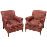 PAIR OF EDWARDIAN 'HOWARD' STYLE MAHOGANY AND UPHOLSTERED ARMCHAIRS CIRCA 1910 covered in foliate