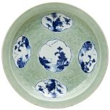 CHINESE BLUE AND WHITE CELADON-GROUND DISH QING DYNASTY, 18TH / 19TH CENTURY the shallow dish