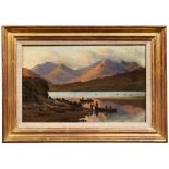 BRITISH SCHOOL (19TH CENTURY) HIGHLAND VIEW WITH FISHING BOATS oil on canvas, framed 17.5cm x 28cm