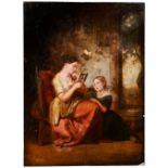 ENGLISH SCHOOL (19TH CENTURY) MOTHER READING TO HER DAUGHTER oil on board, unframed 40.5cm x 30cm