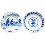 TWO DUTCH BLUE AND WHITE DELFT DISHES 18TH CENTURY one decorated with figures in a verdant garden,