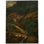 ENGLISH SCHOOL (19TH / 20TH CENTURY) VILLAGE SCENE oil on canvas, signed indistinctly lower left,