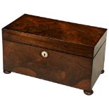 EARLY VICTORIAN ROSEWOOD TEA CADDY CIRCA 1840 of rectangular form, the hinge lid opening to reveal