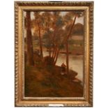 ENGLISH SCHOOL (19TH CENTURY) RIVER LANDSCAPE WITH FIGURES oil on canvas, framed 45cm x 31cm