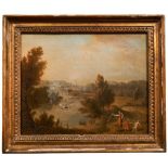 ENGLISH SCHOOL (19TH CENTURY) FIGURE IN A VERDANT LANDSCAPE VIEW  oil on canvas, framed, 24.5cm x