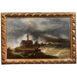 ENGLISH SCHOOL (19TH CENTURY) STORMY SEAS OFF DOVER COAST oil on canvas, framed 30cm x 46cm