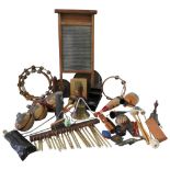 A SELECTION OF VINTAGE PERCUSSION INSTRUMENTS to include cowbells, tambourines, a Kalimba, four