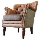 A CONTEMPORARY HARRIS TWEED UPHOLSTERED TAN LEATHER TUB CHAIR, 70cm x 83cm x 65cm