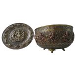 INDIAN BRASS AND COPPER BOWL, decorated with a repeating frieze of deities including Ganesh,