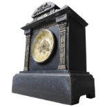 A 19TH CENTURY BRASS MOUNTED SLATE MANTEL CLOCK, the clock measuring 32 x 23 x 14cm