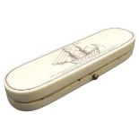 A GEORGIAN IVORY TOOTHPICK BOX, of long ovoid form, the lid decorated with a 'gold' pique image of a