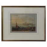 19th CENTURY ENGLISH SCHOOL, WATER COLOUR ON PAPER, ASIAN SCENE OF SUNSET OVER CITY AND HARBOUR,