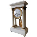 A 19TH CENTURY FRENCH ALABASTER PORTICO STYLE MANTEL CLOCK, with four gilt metal mounted pillars,