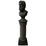 A RECONSTITUTED STONE BUST OF GREEK SCHOLAR ON CORINTHIAN COLUMN, the column splits into two