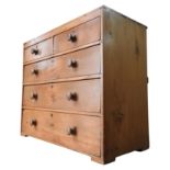 A 19TH CENTURY WAXED PINE CHEST OF FIVE DRAWERS, comprising two short drawers over three long