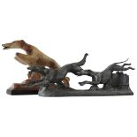 A FRENCH CAST SPELTER FIGURE OF TWO SALOUKI HOUNDS AND AN ART DECO FIGURE OF LEAPING HOUND, the