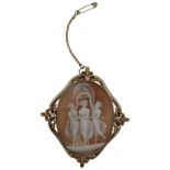 A VICTORIAN GOLD BROOCH MOUNTED WITH OVAL CAMEO DEPICTING THREE GRACES, measuring 6.5 x 7.5cm