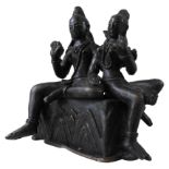 BRONZE HINDU STATUE OF SHIVA and another deity cast on a rectangular platform base, 20th century, 10