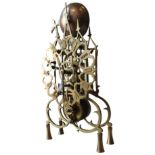 A 19TH CENTURY CONTINENTAL BRASS SKELETON CLOCK ON OVAL MARBLE BASE, 37 x 25 x 16cm