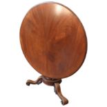 A VICTORIAN MAHOGANY CIRCULAR TILT-TOP TABLE, on a tapered octagonal column on top of three shaped