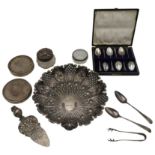 A VICTORIAN SILVER LOBED DISH, A GERMAN SILVER CAKE SLICE, A BOXED SET OF SIX SILVER TEASPOONS,