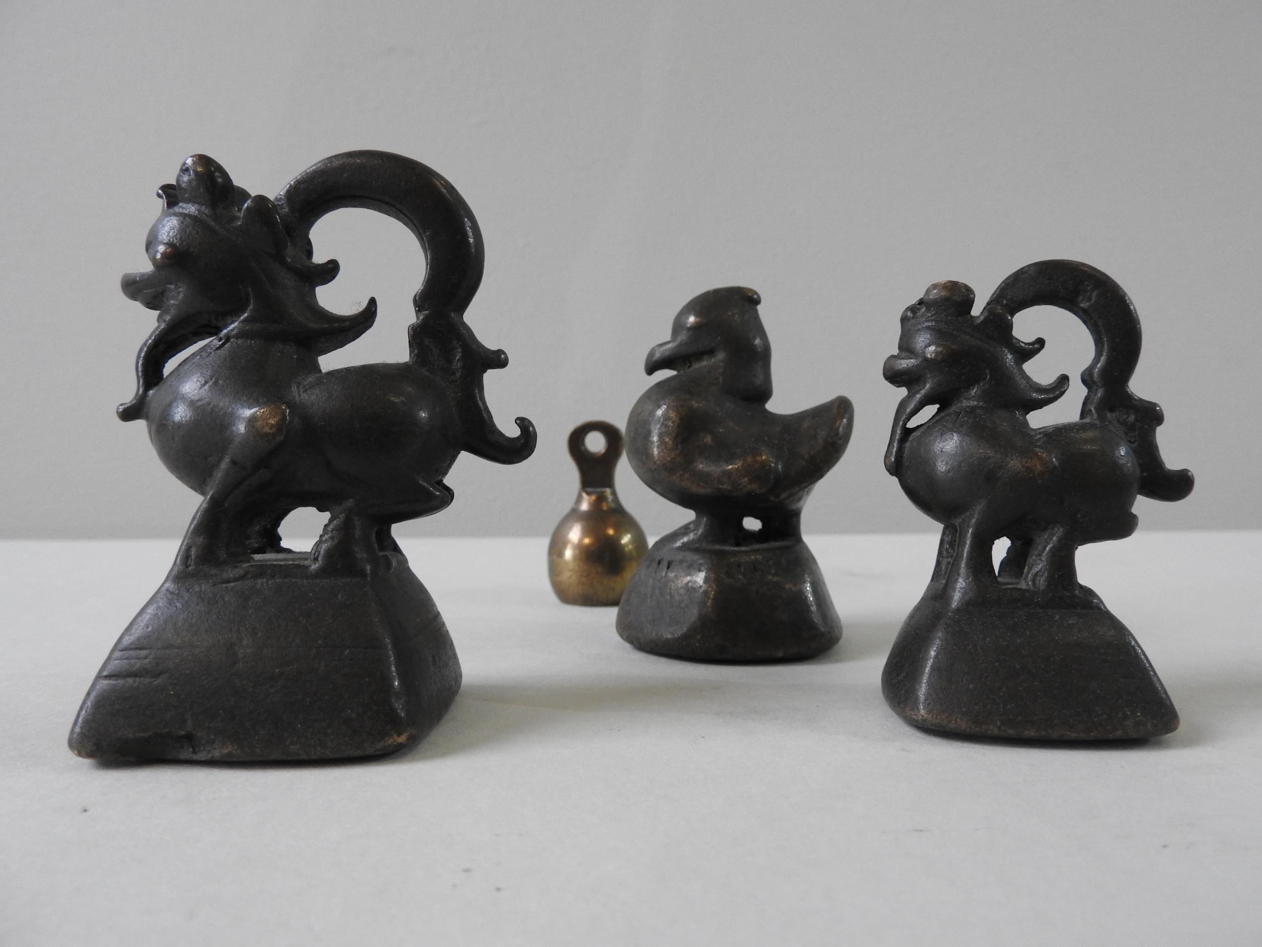 THREE ASHANTI BRONZE OPIUM OR GOLD WEIGHTS in the form of a duck and two stylised creatures, 7cm max - Image 4 of 6