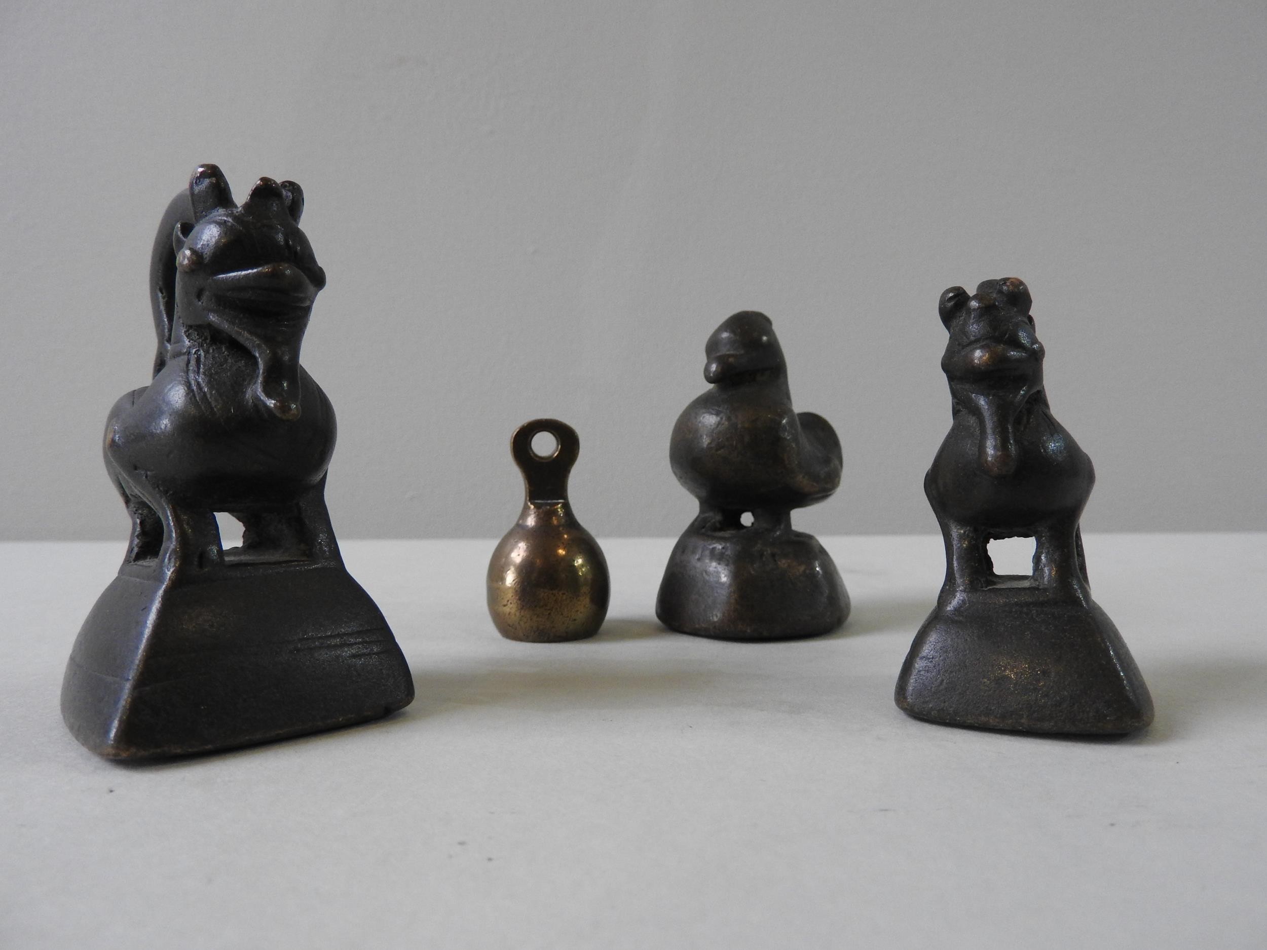 THREE ASHANTI BRONZE OPIUM OR GOLD WEIGHTS in the form of a duck and two stylised creatures, 7cm max - Image 3 of 6