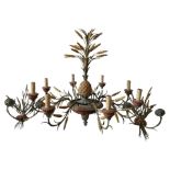 A VINTAGE FRENCH CARVED WOODEN AND CAST METAL CHANDELIER AND A MATCHING PAIR OF WALL SCONCES, the