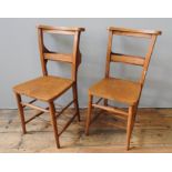 A SET OF FIVE OAK SEAT PINE CHAPEL CHAIRS, with multiple stretcher bar supports, 80 x 40 x 35cm