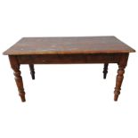 A 19TH CENTURY PINE FARMHOUSE KITCHEN TABLE, on turned legs, 73 x 151 x 90 cm