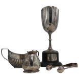 A SILVER PRESENTATION CUP, SILVER SUGAR BOWL, TONGS AND CREAM JUG, the local agricultural