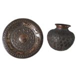 INDIAN REPOUSSE WORK SILVERED COPPER DISH and an Indian copper vase ornately decorated with silvered